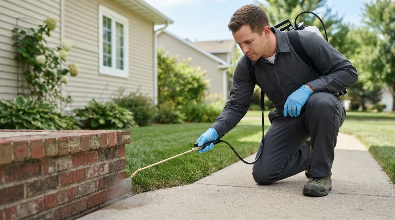 Pest control technician treating a home near Potosi, WI